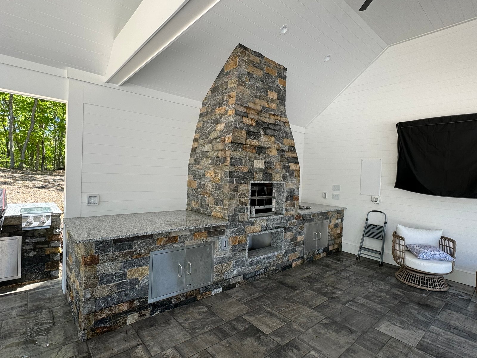 Custom outdoor stone fireplace Cape Cod MA