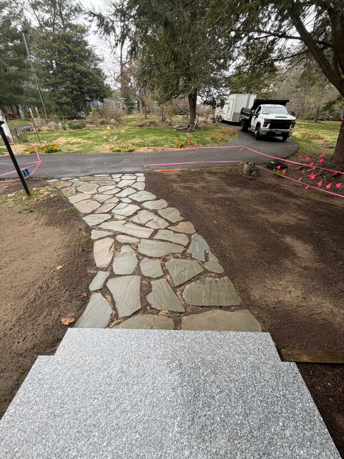 Irregular bluestone walkway built by Bridi Masonry in Cape Cod, MA
