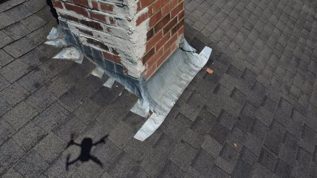 New step and counter flashing at a chimney base, photographed by drone