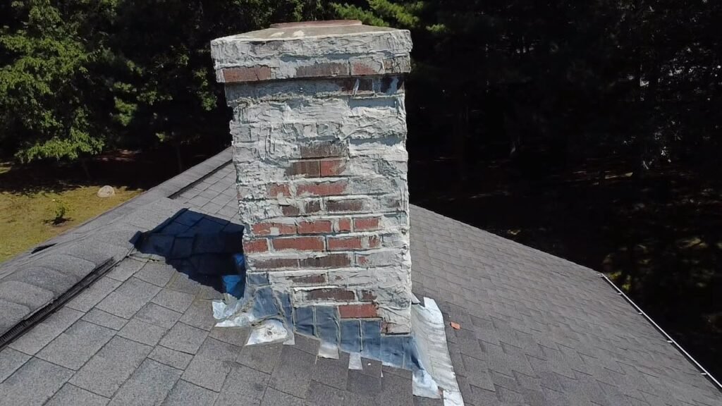 Chimney repointing and flashing work in progress on a Cape Cod roof